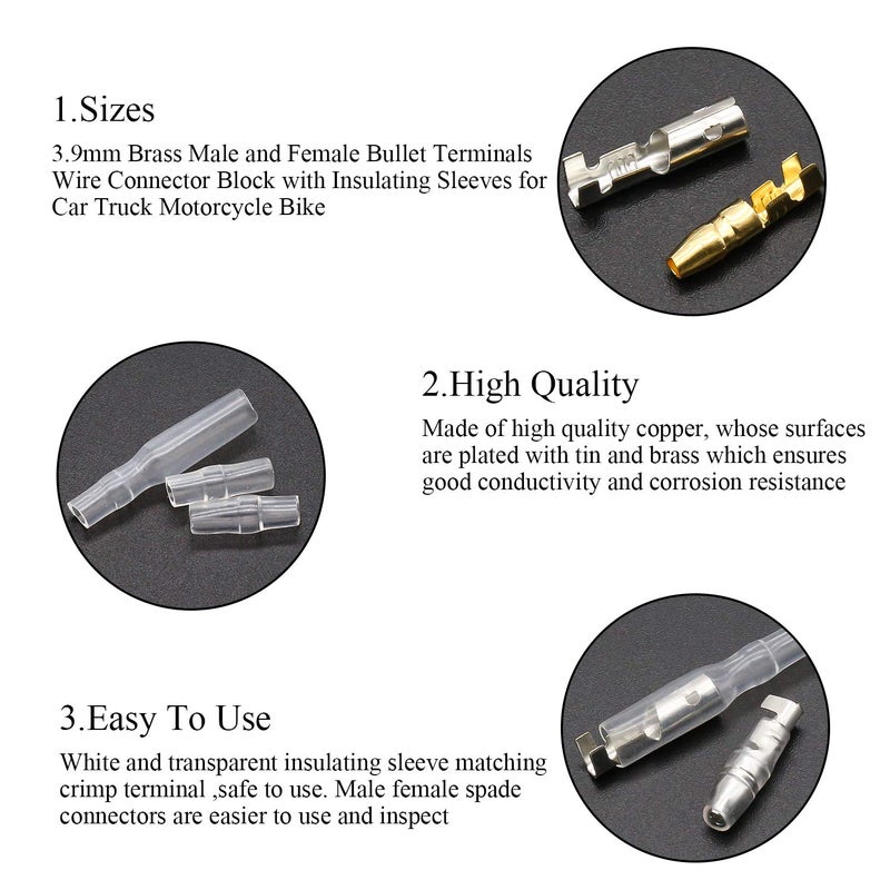 DYWISHKEY 320Pieces 3.9mm Brass Male and Female Bullet Terminals Wire Connector Block with Insulating Sleeves for Car Truck Motorcycle Bike - Image 4